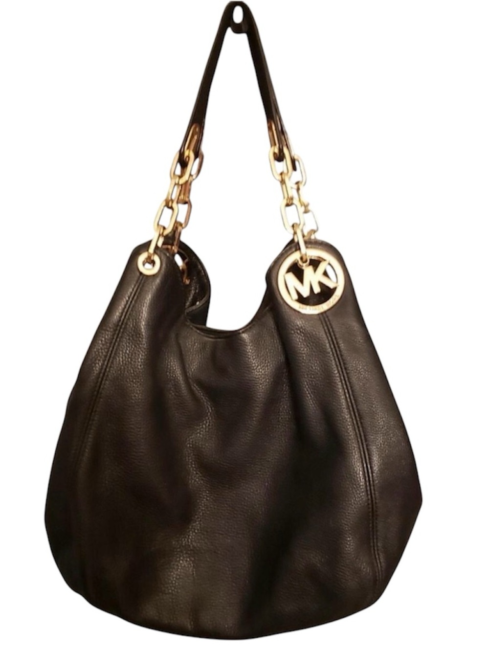 Michael Kors Fulton Black Pebbled Leather Shoulder Hobo Bag with Gold Hardware